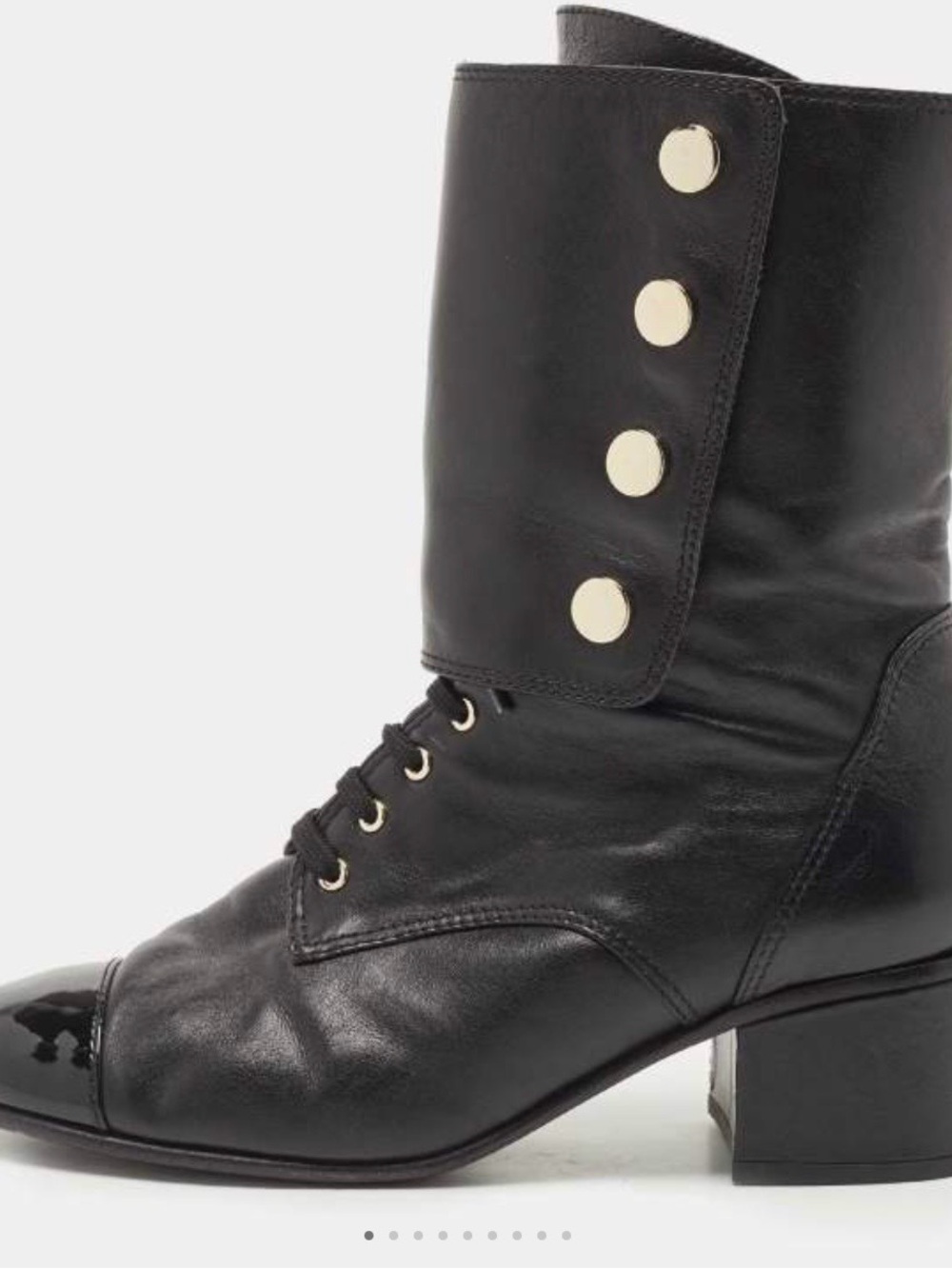 Chanel Cape toe  Black Leather Lace-Up Mid-Calf Boots with Gold Buttons